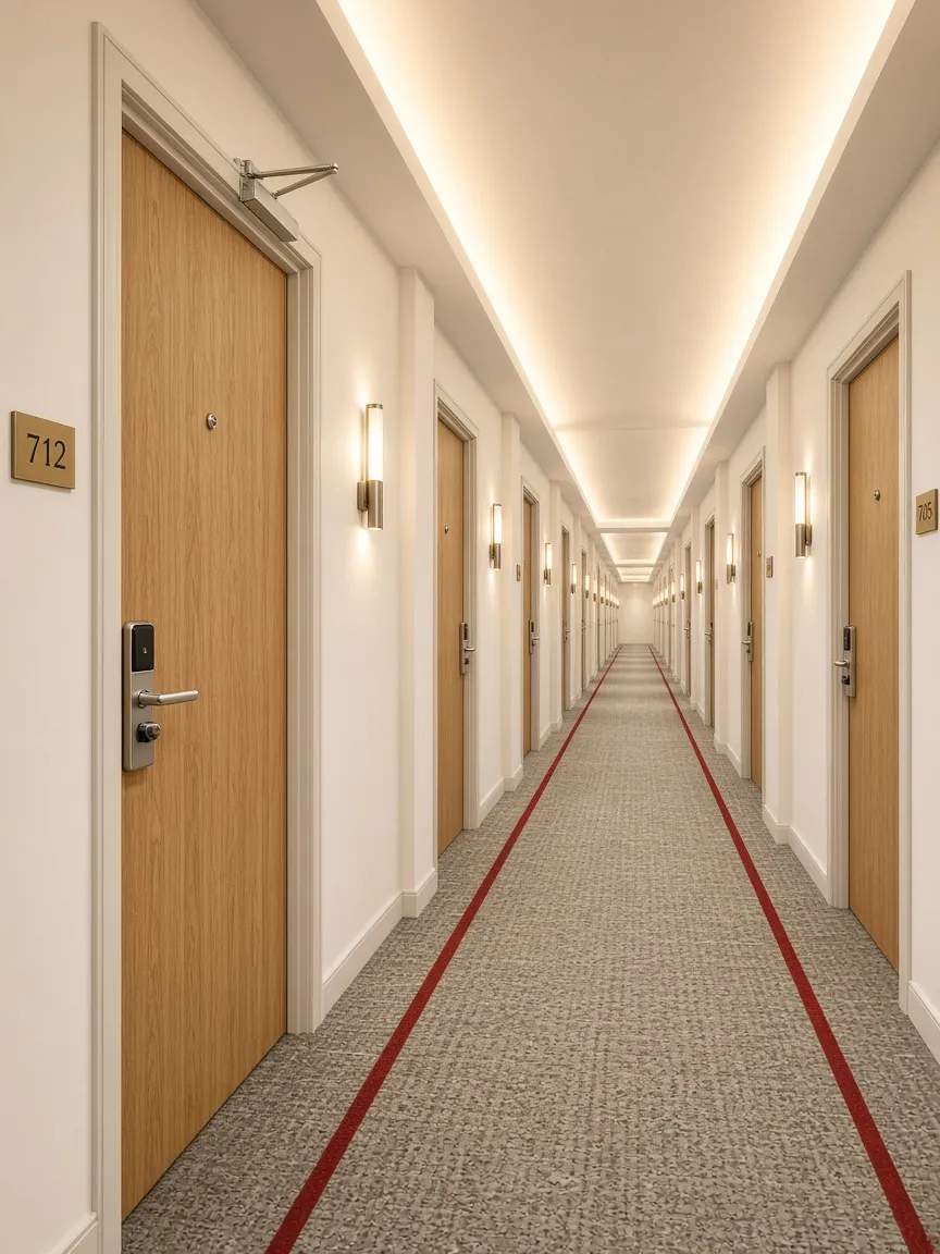 Otel koridorunda altın meşe renkli çelik oda kapıları